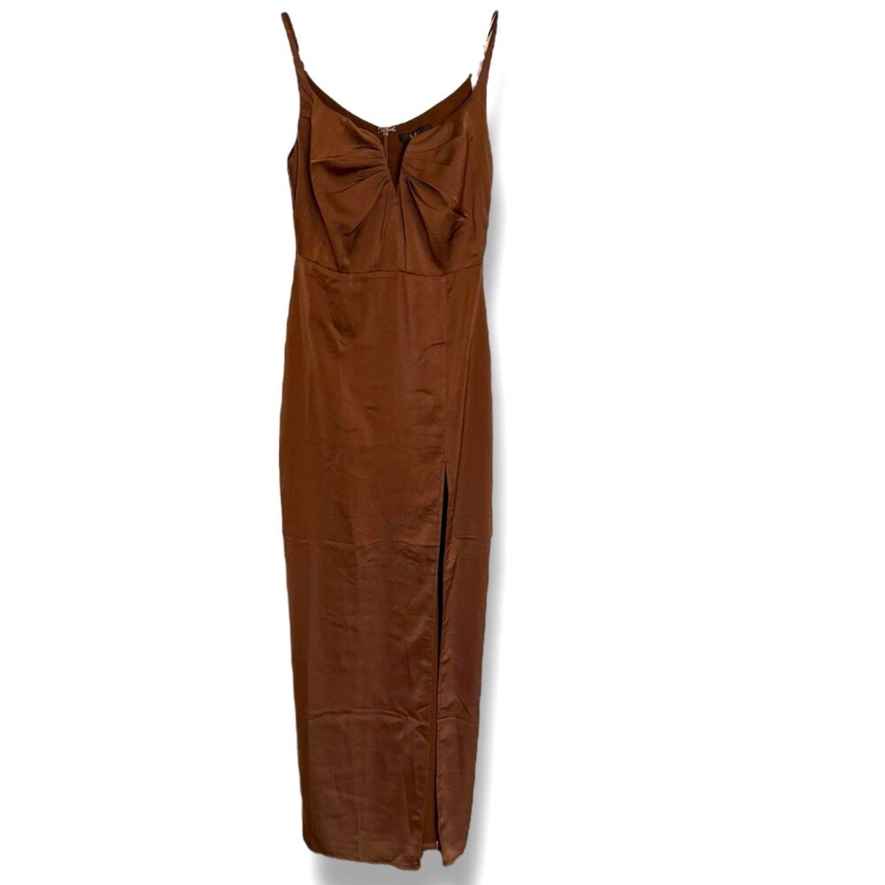Lulus Women’s Brown Satin Maxi Dress Size Small Spaghetti Strap Slit NWT